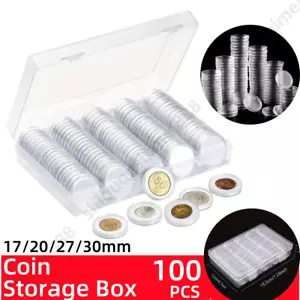 100pcs Coin Storage Box Case Capsules Holder Clear Round Plastic 17/20/27/30mm - Picture 1 of 12