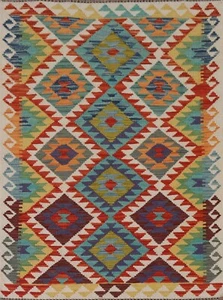 Reversible Kilim Geometric Tribal Rug 4x5 ft. Hand-woven Wool Carpet - Picture 1 of 10