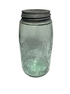 Antique, Green Mason Patent NOV 30th 1858, 1-Quart Canning Jar w/ Zinc Lid - Picture 1 of 11