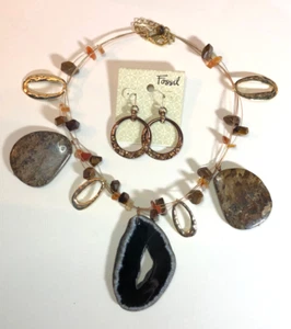 CHICOS Gold Tone Natural Gemstone Agate Geode Bronzite Necklace + Earrings 7289 - Picture 1 of 11