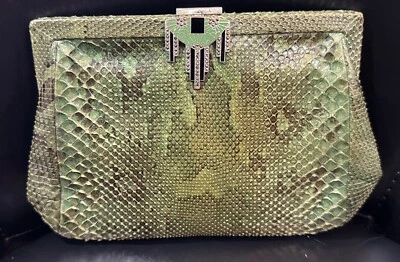 Antique Andrew Geller Clutch Green Python Snake Skin Black Green Enamel Catch - Image 1 of 4