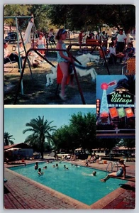 1950er Var-Lin Dorf Motel und Trailer Park Spielplatz Pool Indio CA Postkarte - Bild 1 von 4