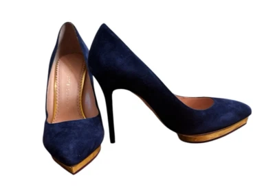 Nuevos zapatos de tacón de aguja Debbie de gamuza azul Charlotte Olympia talla 37 1/2 Foto 1 de 4