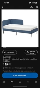 Bett IKEA BLÅKULLEN Bettgestell + Eckkopfteil, gepolst, Knisa mittelblau, 90x200 - Bild 1 von 10