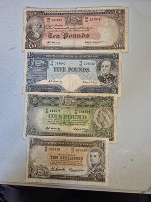 AUSTRALIAN PRE-DECIMAL BANKNOTE SET 4 10/-£1 £5 £10  Very Scarce - image 1 of 4