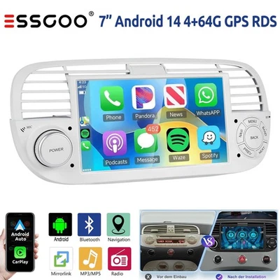 7" Android 14 Autoradio Per Fiat 500 2007-2015 4+64G Carplay GPS NAVI BT FM WIFI - Immagine 1 di 4