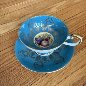 Vintage AYNSLEY Türkis Standfuß Teetasse & Untertasse Obstgarten Obst Gold Vergoldet - Bild 1 von 12