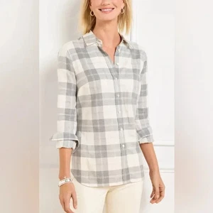 Talbots Metallic Flannel Modern Classic Chimney Plaid Ivory Fog Heather L NWT - Picture 1 of 7
