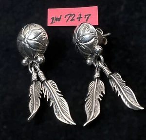 Vintage Native Southwest Sterling Silver Concho Feather Pierced Earrings  IN7247 - Picture 1 of 12