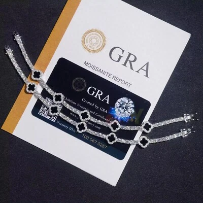 3mm VVS1 D Moissanite Mens Womens Chain Bracelet Black Onyx Lucky 4 Leaf Clover - Image 1 of 4