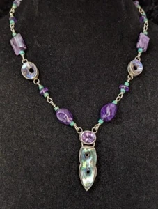 Mermaid Paua Shell Amethyst Sterling Silver Hand Made OOAK Necklace .A34a - Picture 1 of 12