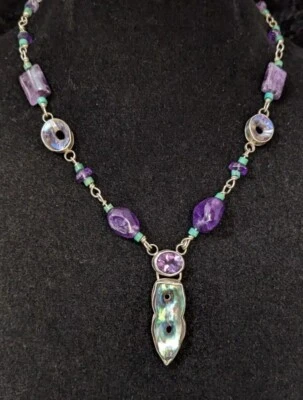 Mermaid Paua Shell Amethyst Sterling Silver Hand Made OOAK Necklace .A34a - Image 1 of 4