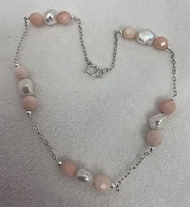 Handmade  Sterling Silver .925 Pearl Faceted Coral 10 1/2" Anklet Ankle Bracelet - Picture 1 of 6