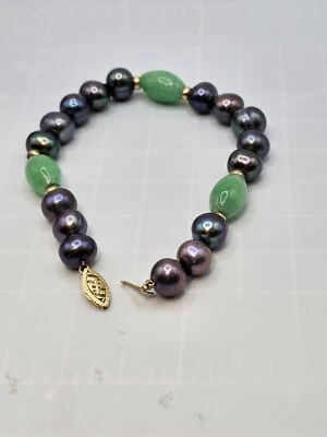 14K PJS VINTAGE BRACELET PEACOCK COLORED PEARLS JADEITE STONES 8 IN - Image 1 of 4