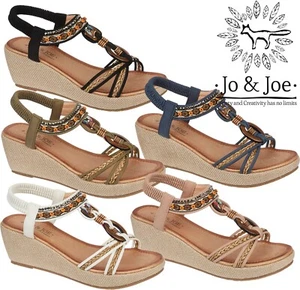 Jo & Joe Ladies Bohemian Bead Embellished Elasticated Back Strap Wedge Sandals - Picture 1 of 16