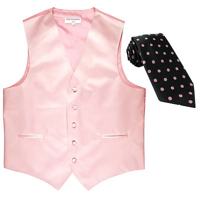 New Men's Formal Vest Tuxedo Waistcoat pink_black pink Dots Necktie wedding prom - Image 1 of 4