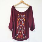 Solitaire Ravi Khosla Size 1X/18 Maroon Floral Embroidered Peasant Blouse Top