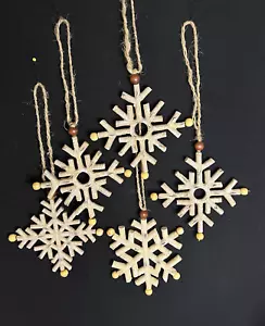 5 Birch Bark Christmas Snowflake Ornaments Rustic Woodlands Theme Beads on Ends - Picture 1 of 3