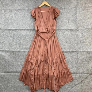 Ulla Johnson Dress Womens 4 Brown Midi Elastic Waist Satin Zip Short Sleeve Belt - Picture 1 of 11