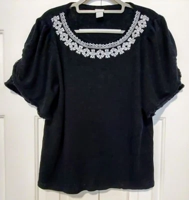 Top Boho Náutico Chico's Talla 3 (US XL) Lino Manga Corta Pétalos Bordado  Foto 1 de 4