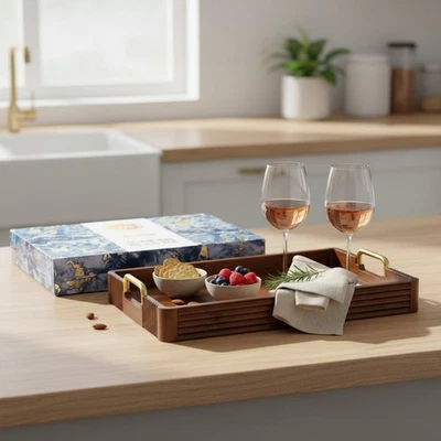 Acacia Wood Serving Tray Metal Handles Rustic 17x12in for Home Decor - Image 1 of 4