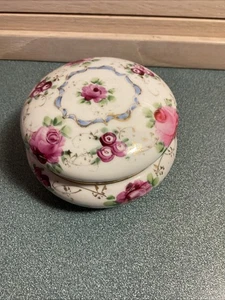 Vintage Lefton Rose Chintz Trinket Box Hand painted Trimmed In Gold - Picture 1 of 7