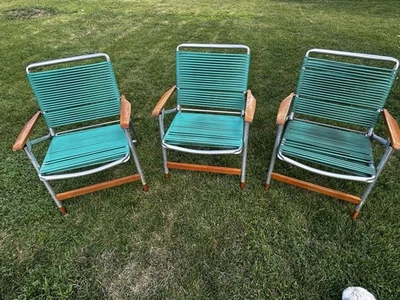 3 Vintage Mid Century Telescope Folding Aluminum & Wood Lawn Chairs Green Vinyl - Image 1 of 4