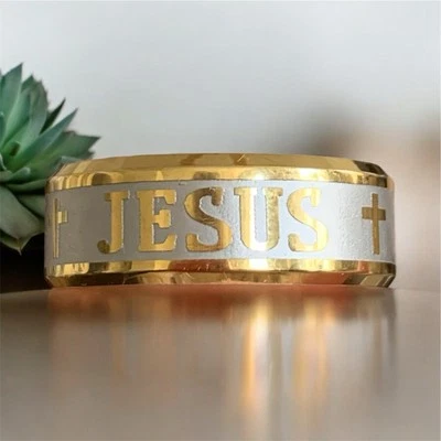 Wedding Band Ring Stainless Steel Jesus Sz 10 Gold Silver Tone Brush Center New - Image 1 of 4