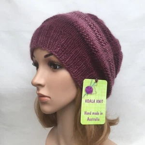 KOALA KNIT HAND KNITTED LADIES TEENS SIZE M - L WOOL PLUM TONE SLOUCHY BEANIE - Picture 1 of 5