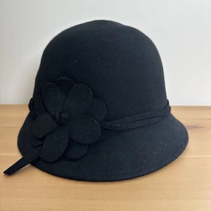 Wool Cloche Bucket Hat Womens One Size Black 100% Wool Floral Banded Hat NEW - Picture 1 of 9