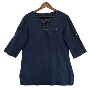 Tommy Hilfiger Top Women Size M Blue Lace Up Pockets 3/4 Sleeve 100% Linen - Picture 1 of 12