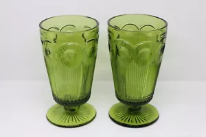 2 Green Bartlett Collins Manhattan Bullseye Cane Footed Drinking Glass Goblets - Picture 1 of 7