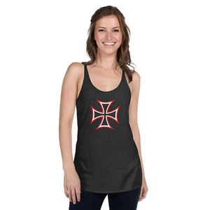 Red and White Occult Biker Cross Symbol Women's Racerback Tank Top Shirt - Picture 1 of 14