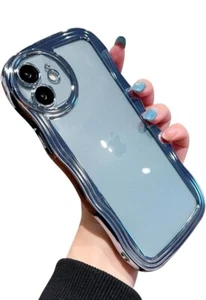 iPhone 12 Hülle Klar Curly Wave Rahmen Ästhetische Handyhülle Klar Blau - Bild 1 von 6