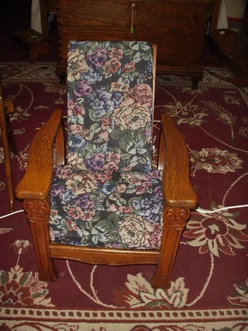 Antique Oak Morris chair recliner ornate pressing 1900's child size refinished Cover