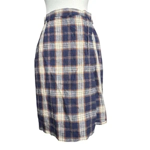 Vintage 90s Casual Corner Plaid Blue Brown Wrap Skirt Linen Size 6 Fall - Picture 1 of 5