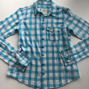 HOLLISTER SHIRT BLOUSE Womens XS Extra Small Turquoise BLUE Checked check Casual - Picture 1 of 12