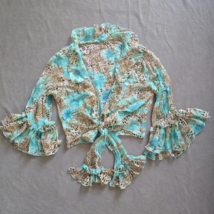 Y2k Cheetah Print Turquoise Flowers Sheer Tie Crop Top Bell Sleeve Ruffle Sequin - Picture 1 of 10