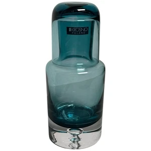 Vintage Krosno Poland Blue Glass Tumble Up Bedside Carafe Bubble Blown Base MCM - Picture 1 of 8