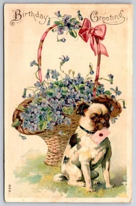 Dog~Small French Bulldog Brings Card In Mouth~Basket Of Forget-Me-Nots~Embossed - Picture 1 of 2