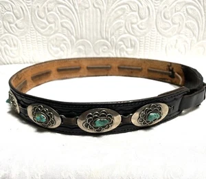 Vintage Indianer handgefertigt Leder Türkis Silber Concho Gürtel von Taos - Bild 1 von 16