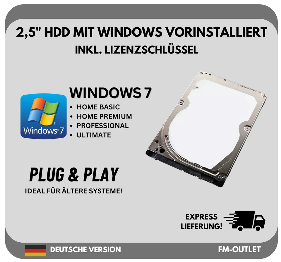 2,5 ZOLL Festplatte mit vorinstallierten Windows 7 HOME PRO ULTIMATE PC Laptop - Bild 1 von 1