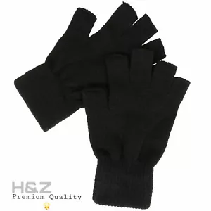 FINGERLESS KNITTED Gloves Black Thermal Mens Womens Unisex Half Finger One Size - Picture 1 of 2