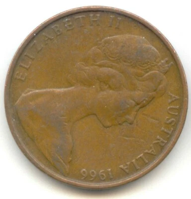 AUSTRALIA 1966 2 Cent Frill-necked Lizard (Chlamydosaurus kingii) 97% Copper - Image 1 of 2