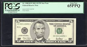 FR. 1988-K* 2001 $5 FW *STAR* FEDERAL RESERVE NOTE DALLAS, TX PCGS GEM UNC-65PPQ - Picture 1 of 2