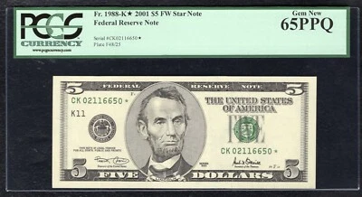 FR. 1988-K* 2001 $5 FW *STAR* FEDERAL RESERVE NOTE DALLAS, TX PCGS GEM UNC-65PPQ - Image 1 of 2