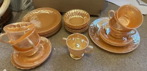 Anchor Hocking Fire King Peach Lustre Cups Saucers, 1 Large Plate And Sugar Bowl - Picture 1 of 9