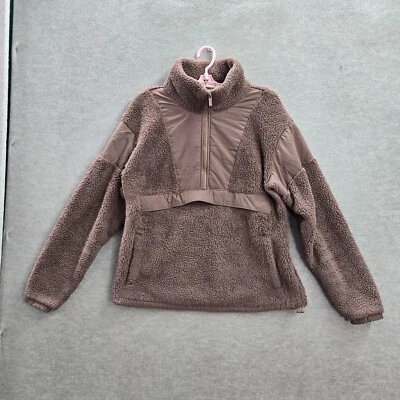 PINK Women Anorak Jacket M Brown Sherpa Long Sleeve Logo 1/2 Zip Polyester - Image 1 of 4