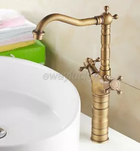 Antique Brass Dual Cross Handle Bathroom Kitchen Faucet Swivel Basin Mixer Tap - Picture 1 of 5