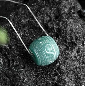 Certified Green Natural Burma Jade jadeite Circle 路路通 Pendant 925Silver Necklace - Picture 1 of 10